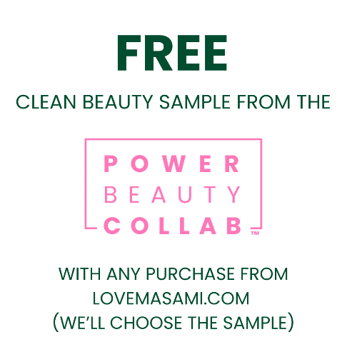 Promotional text for a free clean beauty sample from Power Beauty Collab with Lovemasami.com.