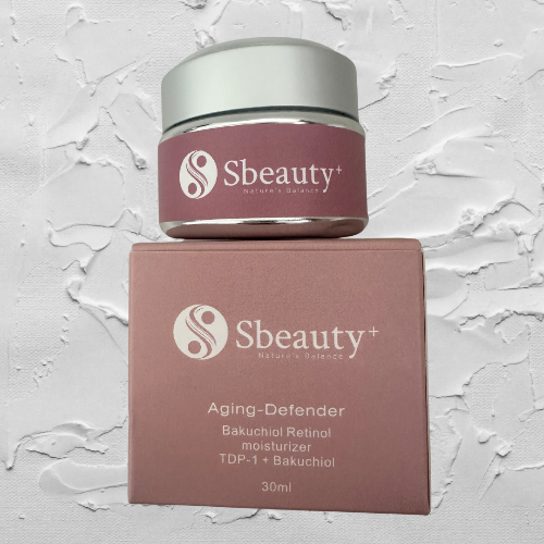 Sbeauty skincare product jar and box on a textured gray background