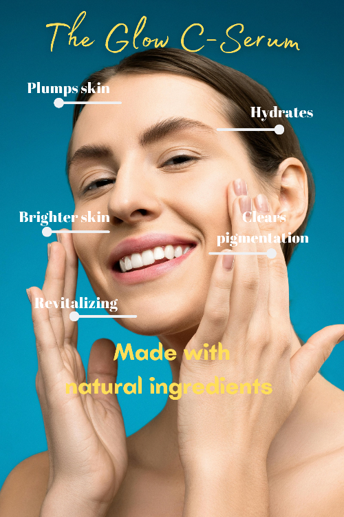 Woman applying skincare serum with text highlighting benefits on a blue background