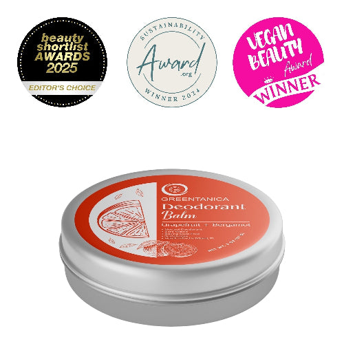 Deodorant balm tin with awards on a white background
