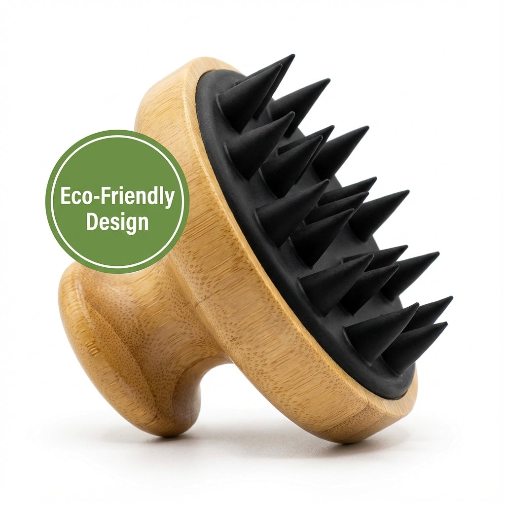 Wooden and black spiked scrubber with 'Eco-Friendly Design' label on a white background