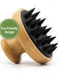 Wooden and black spiked scrubber with 'Eco-Friendly Design' label on a white background
