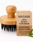 Wooden scalp scrubber with black bristles and a 'MASAMI' tag on a white background