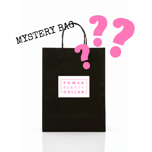 Black mystery bag with the Power Beauty Collab logo in front and pink question marks above it.