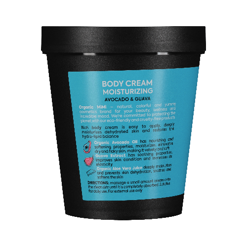 Body cream container with blue label and black lid on a teal background