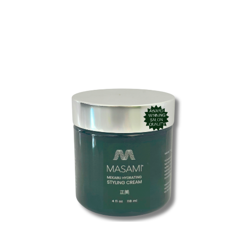 A dark green jar of Masami Meguri-J Hydrating Styling Cream with a metallic silver lid, shown on a white background with a soft shadow.
