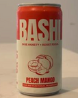 A Bashi Peach Mango beverage can with a red and off-white label, shown on a light surface against a neutral background.