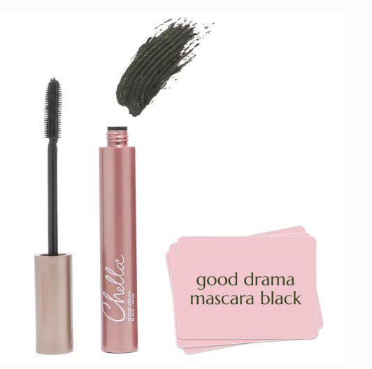 Chella Eco-Friendly mascara in the shade 'good drama mascara black', showing the black mascara wand, the pink tube, a black mascara swatch, and three pink color cards on a white background.