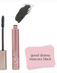 Chella Eco-Friendly mascara in the shade 'good drama mascara black', showing the black mascara wand, the pink tube, a black mascara swatch, and three pink color cards on a white background.