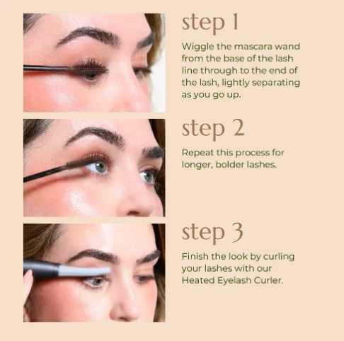 Three-step brow and lash tutorial graphic on a beige background, showing close-up photos of a woman's face as she applies mascara and a heated eyelash curler, with text instructions labeled step 1, step 2, and step 3.