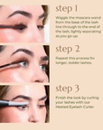 Three-step brow and lash tutorial graphic on a beige background, showing close-up photos of a woman's face as she applies mascara and a heated eyelash curler, with text instructions labeled step 1, step 2, and step 3.
