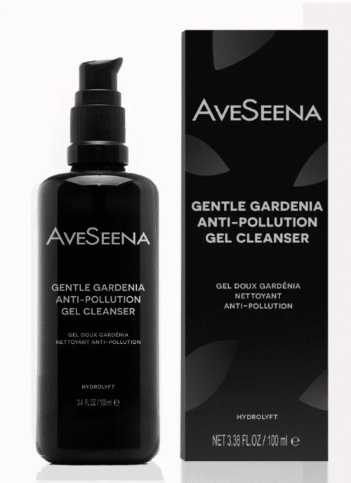 AveSeena Gentle Gardenia Anti-Pollution Gel Cleanser in a black pump bottle next to its black packaging box, on a white background.