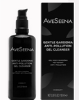AveSeena Gentle Gardenia Anti-Pollution Gel Cleanser in a black pump bottle next to its black packaging box, on a white background.