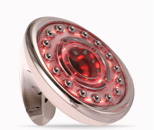 A circular car taillight with a polished chrome/silver frame and a glowing red light element, shown on a plain white background.