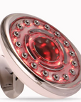 A circular car taillight with a polished chrome/silver frame and a glowing red light element, shown on a plain white background.