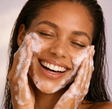 A close-up of a woman with her eyes closed, smiling while washing her face with foamy soap. Her hands and face are covered in white lather, and her dark hair is slightly damp against a soft light background.