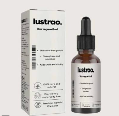Lustrao Hair Regrowth Oil bottle and its packaging box, shown on a light gray background.
