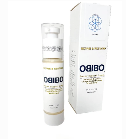 A white bottle of Obibo Repair &amp; Restorative alongside its white packaging box, both featuring blue and gold branding on a white background.