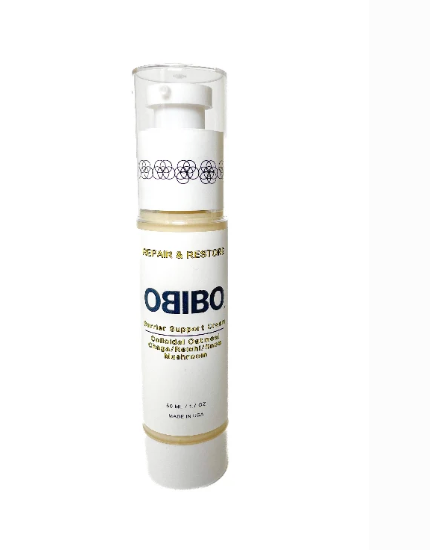 Bottle of OBIBO moisturizer on a white background
