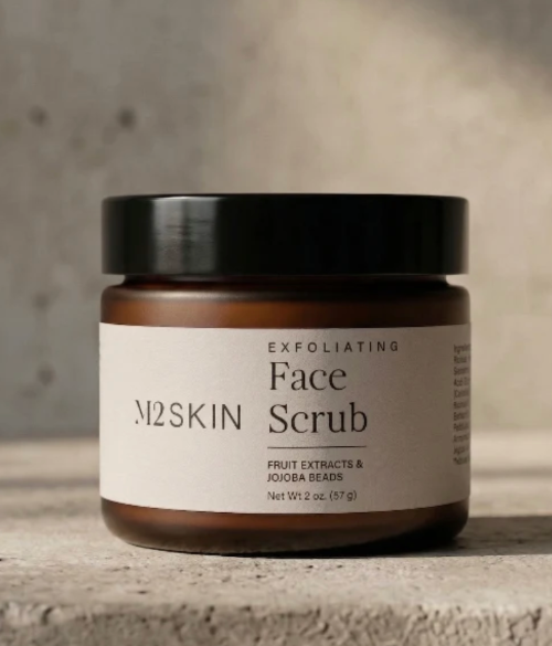 M2Skin Face Scrub jar on counter