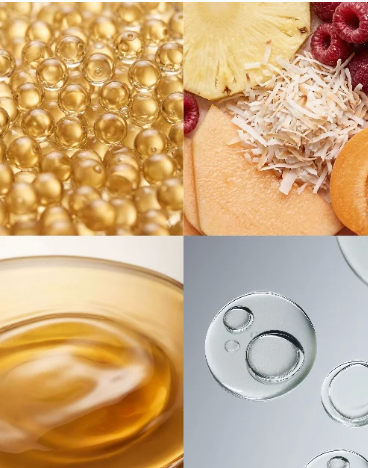 A four-panel collage showing close-up views of golden translucent gel beads, a pineapple and raspberries on a beige base with shredded white topping, a bowl of amber liquid, and clear circular gel droplets on a light gray surface.