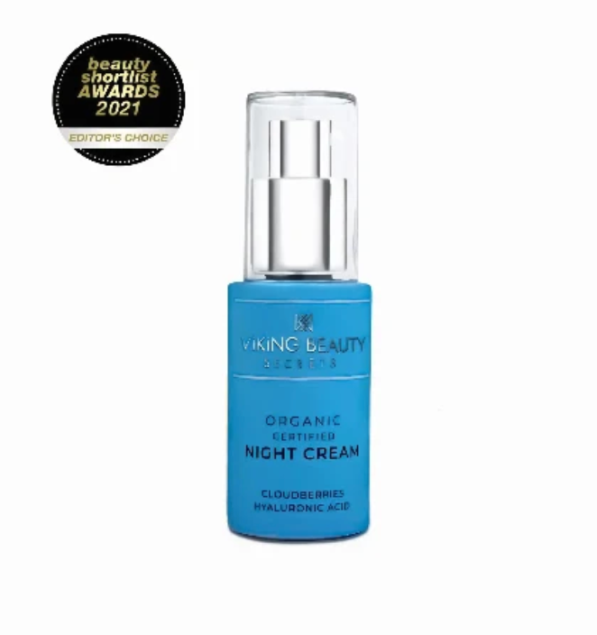 Viking Beauty Clinics Organic Retinized Night Cream in a blue bottle with a clear cap, shown on a white background with a black and gold 'Beauty Bestseller Awards 2021' badge in the top-left corner.