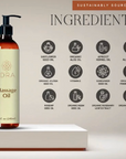 An amber glass pump bottle of IDRA Massage Oil with a cream-colored label stands on a white pedestal. The background is a light beige graphic with the word 'INGREDIENTS' and a grid of circular icons listing various organic seed and nut oils.