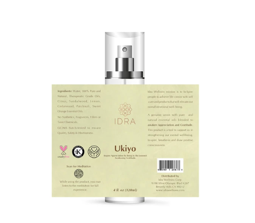 A 4 fl oz (120ml) bottle of IDRA Ukiyo essential oil fragrance, showing the clear spray top and the beige back label with product details.