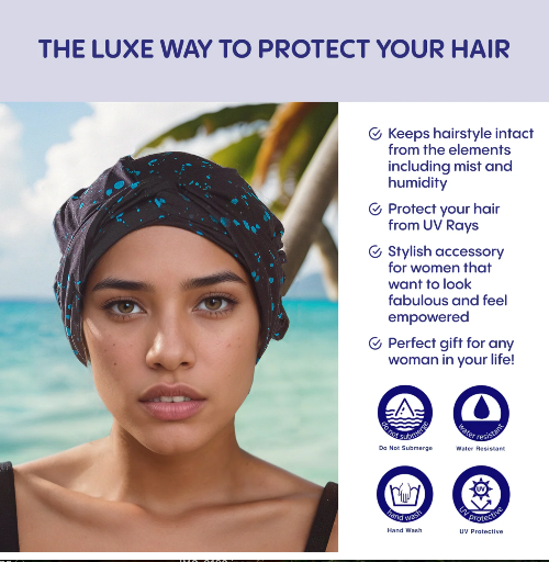 Woman wearing a headscarf with beach background and product features listed.
