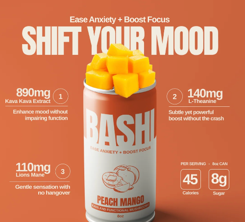 An orange promotional graphic for a can of BASH! Peach Mango energy powder. The can is topped with cubed mango fruit and features text highlighting ingredients: 890mg Kava Kava Extract, 140mg L-Theanine, and 110mg Lions Mane.