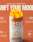 An orange promotional graphic for a can of BASH! Peach Mango energy powder. The can is topped with cubed mango fruit and features text highlighting ingredients: 890mg Kava Kava Extract, 140mg L-Theanine, and 110mg Lions Mane.