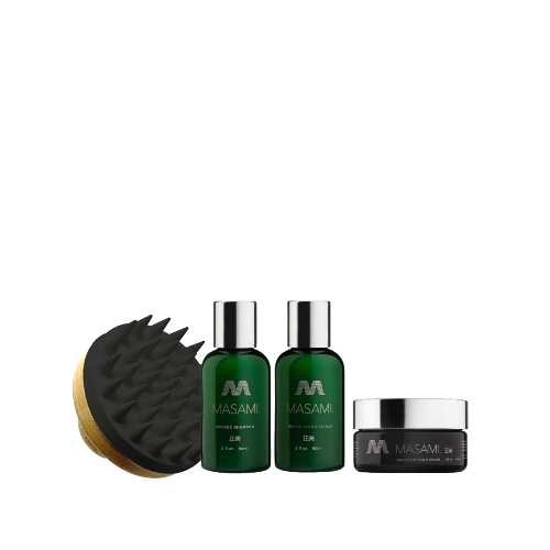 A set of MASAMI haircare products including shampoo, conditioner, styling cream, and a scalp scrubber brush.