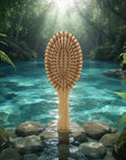 Wooden brush with natural bristles in a forest setting