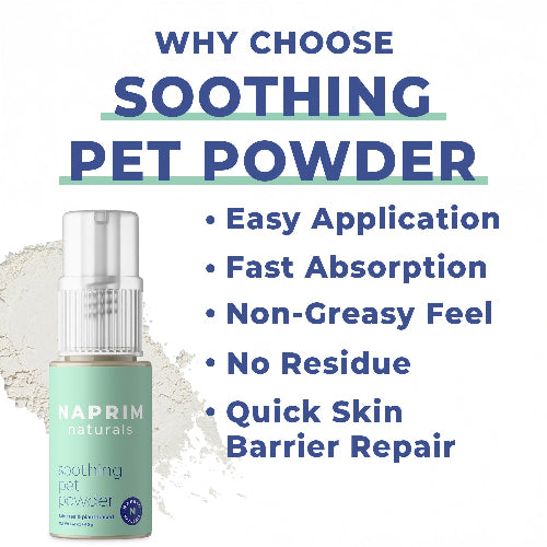 Naprim Naturals soothing pet powder bottle with text highlighting benefits on a white background