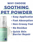 Naprim Naturals soothing pet powder bottle with text highlighting benefits on a white background
