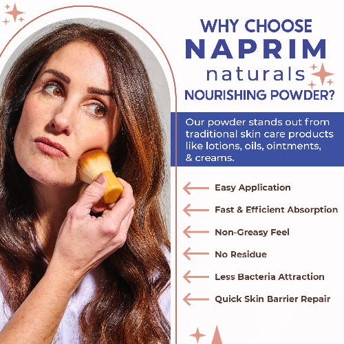 Woman applying a powder to her face with text about choosing Naprim Naturals nourishing powder.