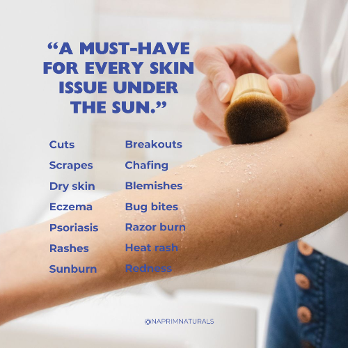 Hand holding a brush over an arm with text listing skin issues and a brand name.