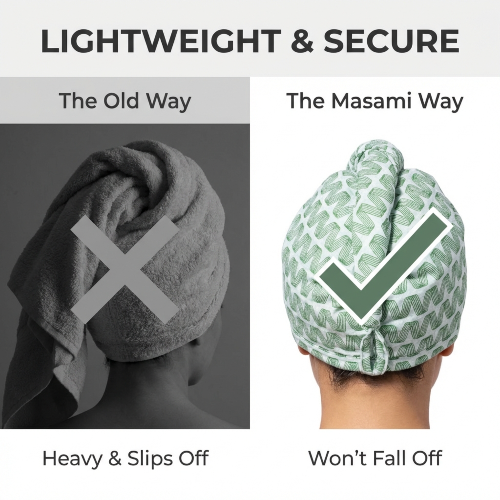 Comparison of a towel wrap labeled 'The Old Way' versus 'The Masami Way' with text indicating weight and security.