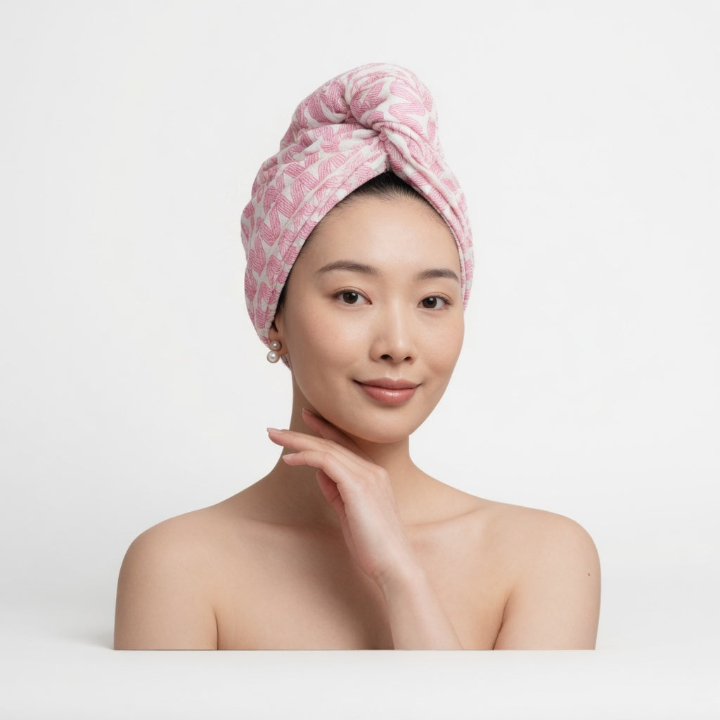A woman with her hair wrapped in a pink and white patterned towel turban, posing against a clean white background.