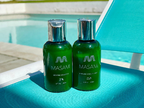 MASAMI shampoo and conditioner on chaise lounge Palm Springs